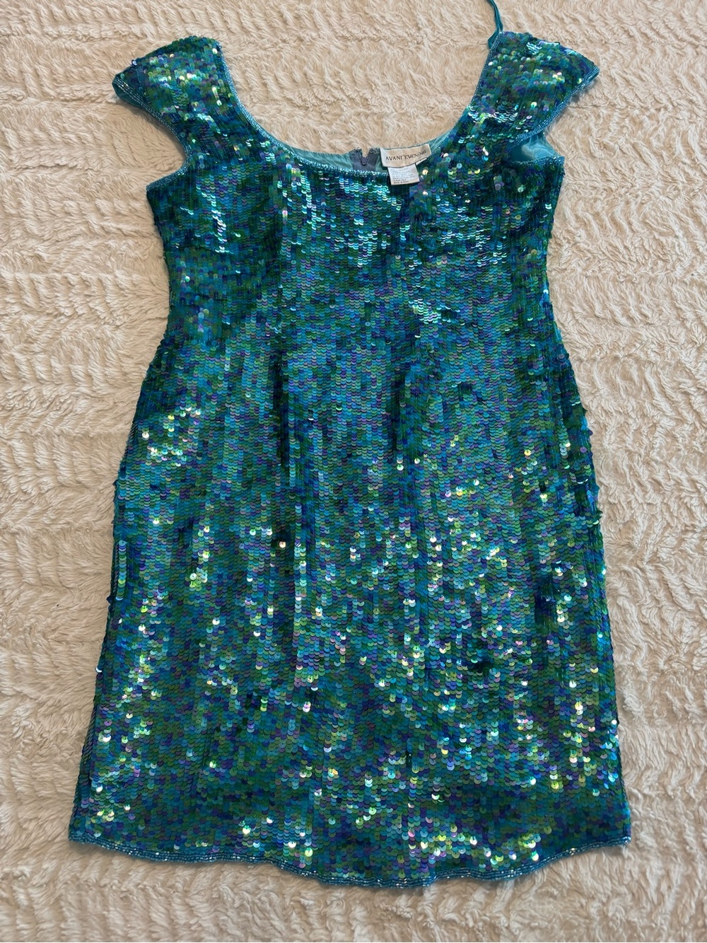 Y2K Avani Sequin Silk Cocktail Dress Teal Blue Green Large Mermaid needs repair